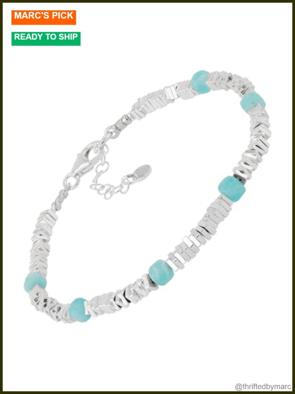 Sterling Silver Hematite Amazonite Bead Bracelet 7.5 + 1 In Adjustable